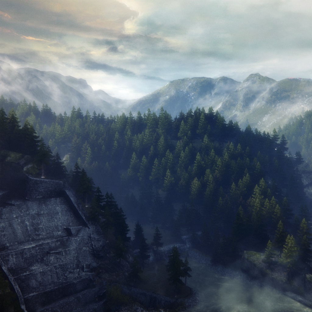 Image: mountains, trees, clouds