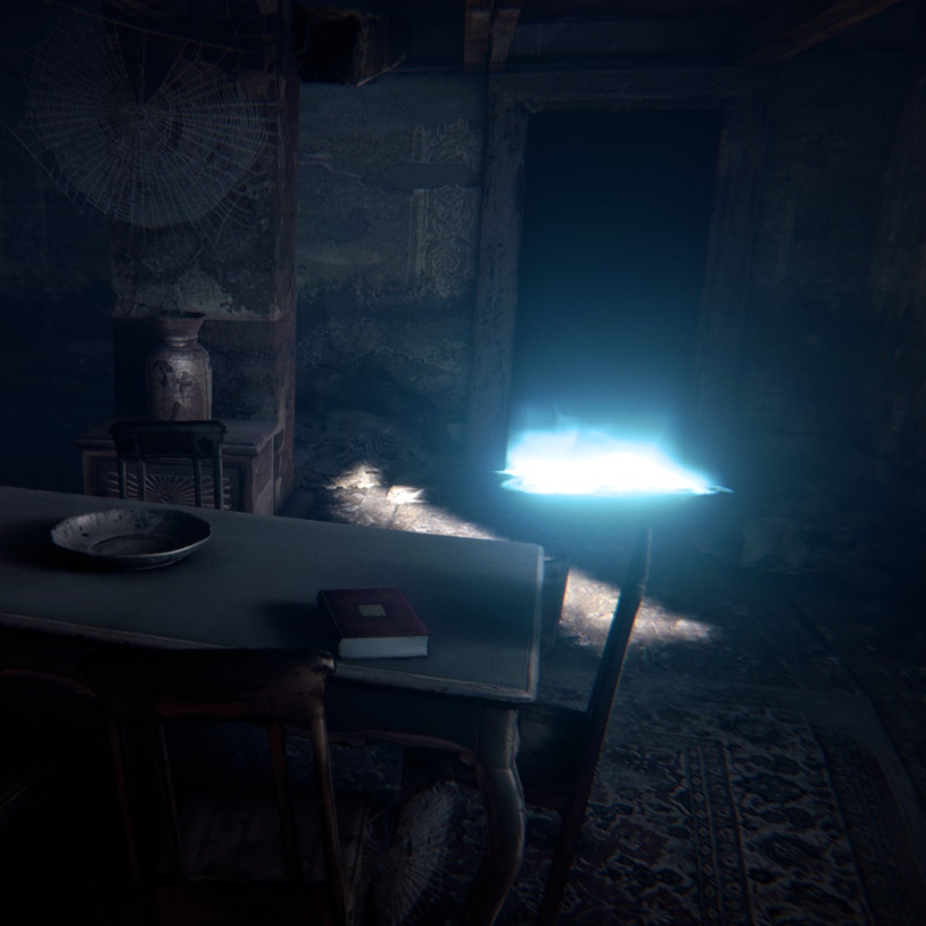 Image: an abandoned kitchen with a blue glow revealing game magic