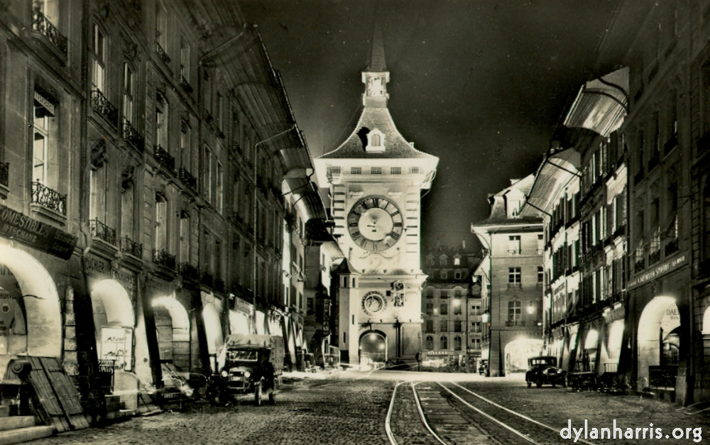 image: Postcard [[ The Famous Clock Tower of Bern and the Zaehunger Fountain. ]]