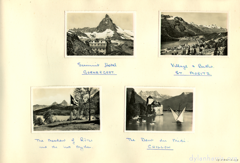 image: Gornergrat, St. Moritz, Rütli and Chillon.