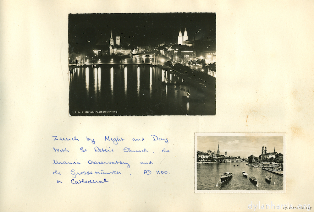 Image: Zürich by Night and Day. With St Peter’s Church, the Urania Observatory and the Grossemünster, AD 100, a Cathedral.